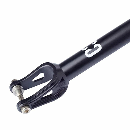 A sleek black scooter fork crafted from high-grade aluminum, featuring a sturdy design for secure installation. Designed for easy integration into your stunt scooter setup, its minimalist aesthetic is enhanced by a matte finish.
