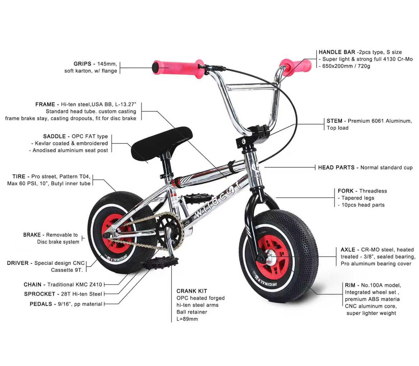 The Wildcat OG 3A Mini BMX Bike - Galaxy Red by Wildcat features CNC aluminum wheel rims, red rims, pink grips, PRO Street 65PSI tyres, and includes detailed specs for frame, handlebars, stem, wheels, saddle, pedals, fork, tires, and crank kit.