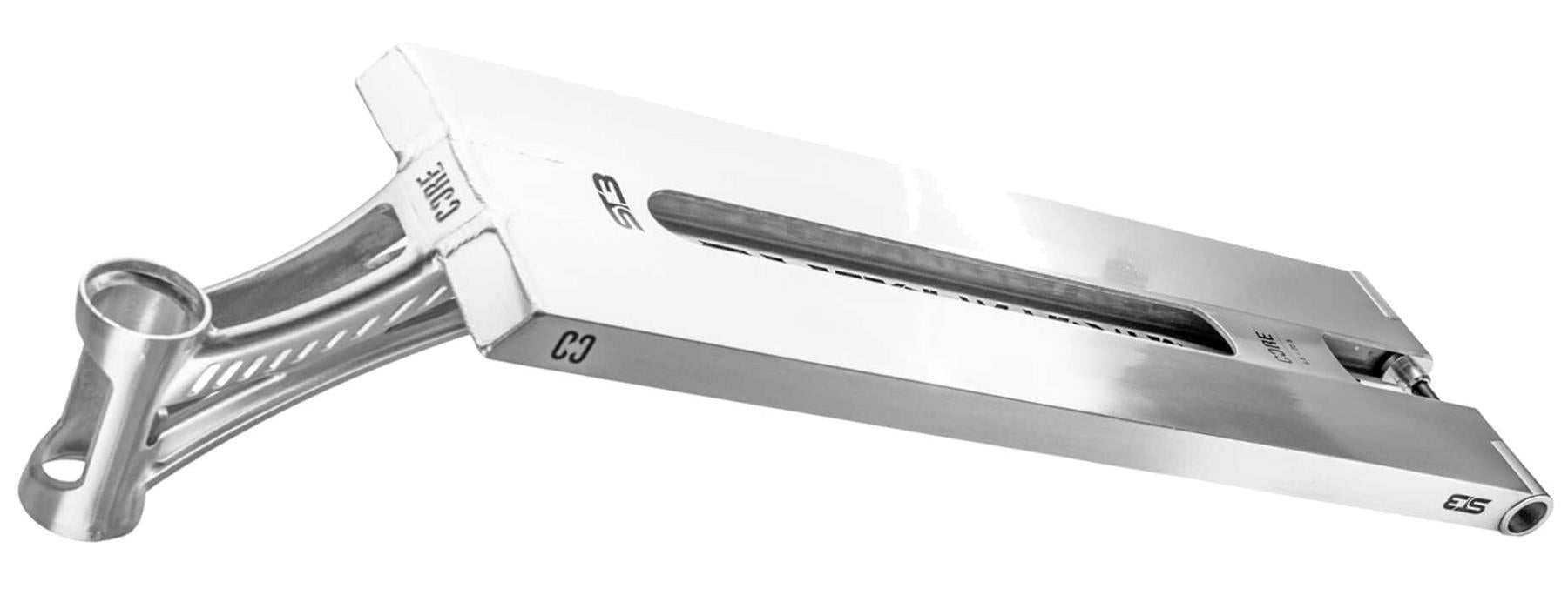 A polished silver CORE ST3 Forged Street Stunt Scooter Deck (6.5" x 22.5") with a wide, hollow rectangular design, cut-out accents, and "CORE" branding is angled to display both its top and side surfaces.