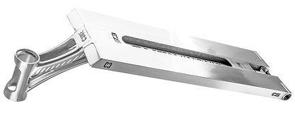 A polished silver CORE ST3 Forged Street Stunt Scooter Deck (6.5" x 22.5") with a wide, hollow rectangular design, cut-out accents, and "CORE" branding is angled to display both its top and side surfaces.