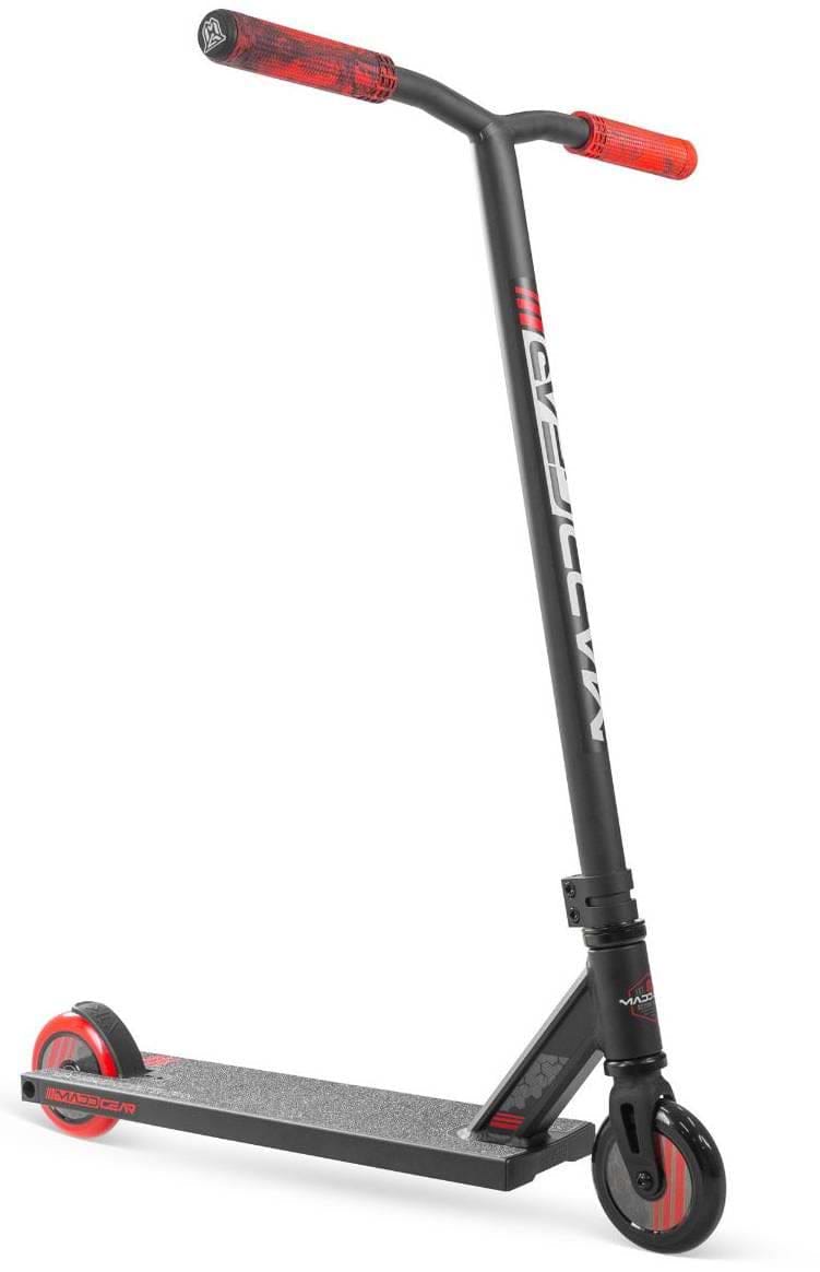 The Madd Gear (MGP) MG 3 Zen Complete Stunt Scooter in black/red features a textured deck, red handlebar grips, and matching wheels—perfect for kids who love tricks and freestyle riding.