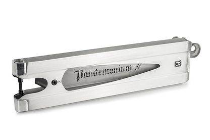 The Ethic DTC Pandemonium V2 Boxed Raw Stunt Scooter Deck (5.5" x 19.7") features durable 6061-T6 aluminium, a rectangular boxed shape with smooth edges, and "Pandemonium" stylized engraving on the side by Ethic.