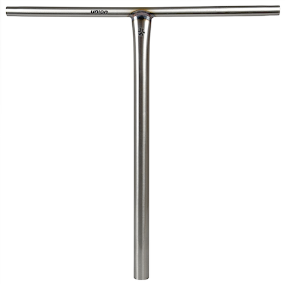 The Union Uniq T Steel Oversized HIC Stunt Scooter Bar in silver (600mm x 580mm) by Union features a T-shaped Chromoly Steel design with "union" printed near the top left and a small logo at the center—perfect as an HIC T bar for your stunt scooter.