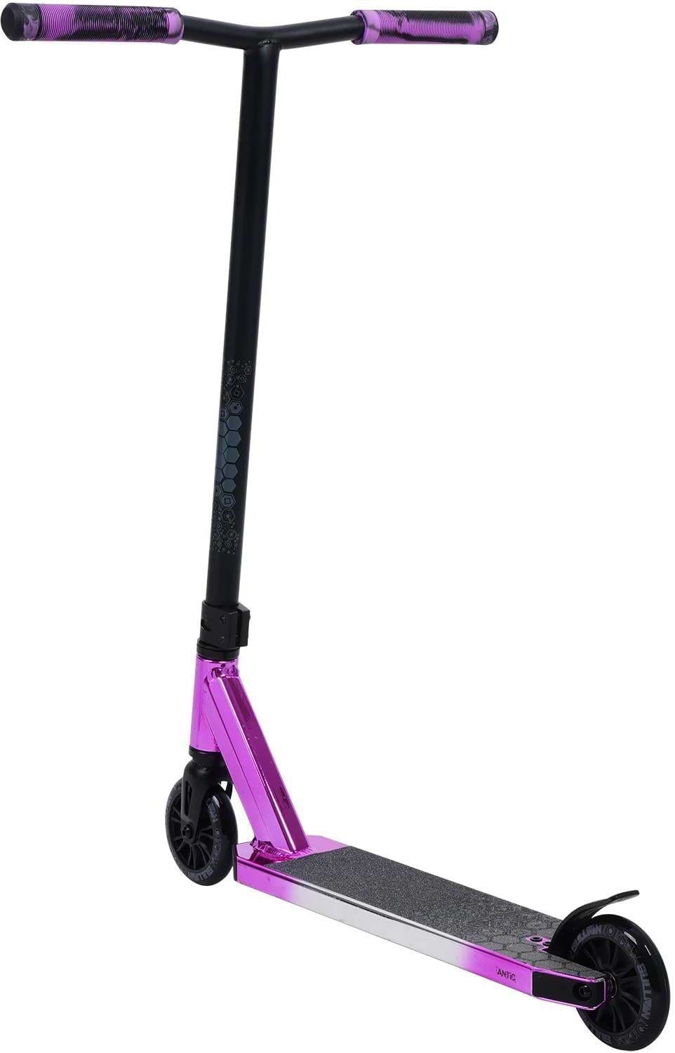 The Sullivan Antic Complete Stunt Scooter in Pink, Black, and Silver by Sullivan features a black handlebar, purple metallic deck, purple grips, 110mm black wheels, and a textured footplate. It stands upright on a white background.