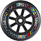 The Longway Tyro 110mm Nylon Core Scooter Wheel - Black by Longway features a nylon core, central bearing, "TYRO" printed twice on the edge, and splatters of white, red, yellow, and blue paint.