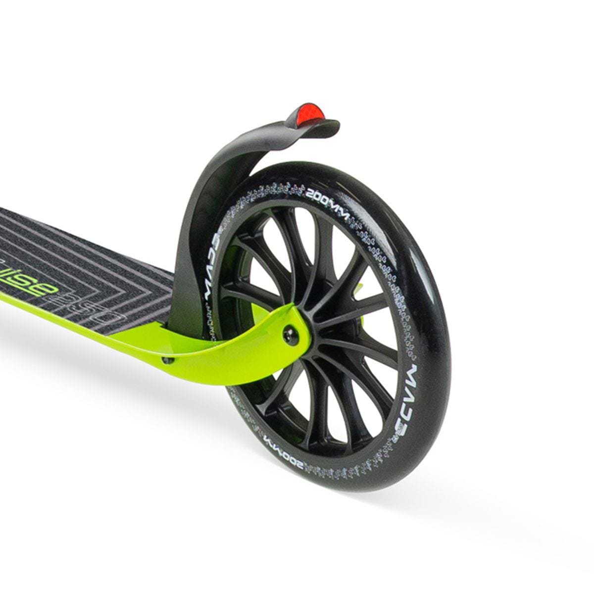 Close-up of the rear wheel of the Madd Gear Metro Cruise 250 Foldable Commuter Scooter in Black/Lime, featuring large black spokes, a textured deck surface, and a small red rear reflector above the wheel.