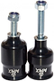 The Apex Coopegs Stunt Scooter Pegs in black are ideal for stunt scooter enthusiasts, featuring the word "Apex" prominently displayed. Each peg is designed with a bolt protruding from the top, secured by a silver hexagonal nut. The cylindrical design and rail control enhance rider stability during tricks.