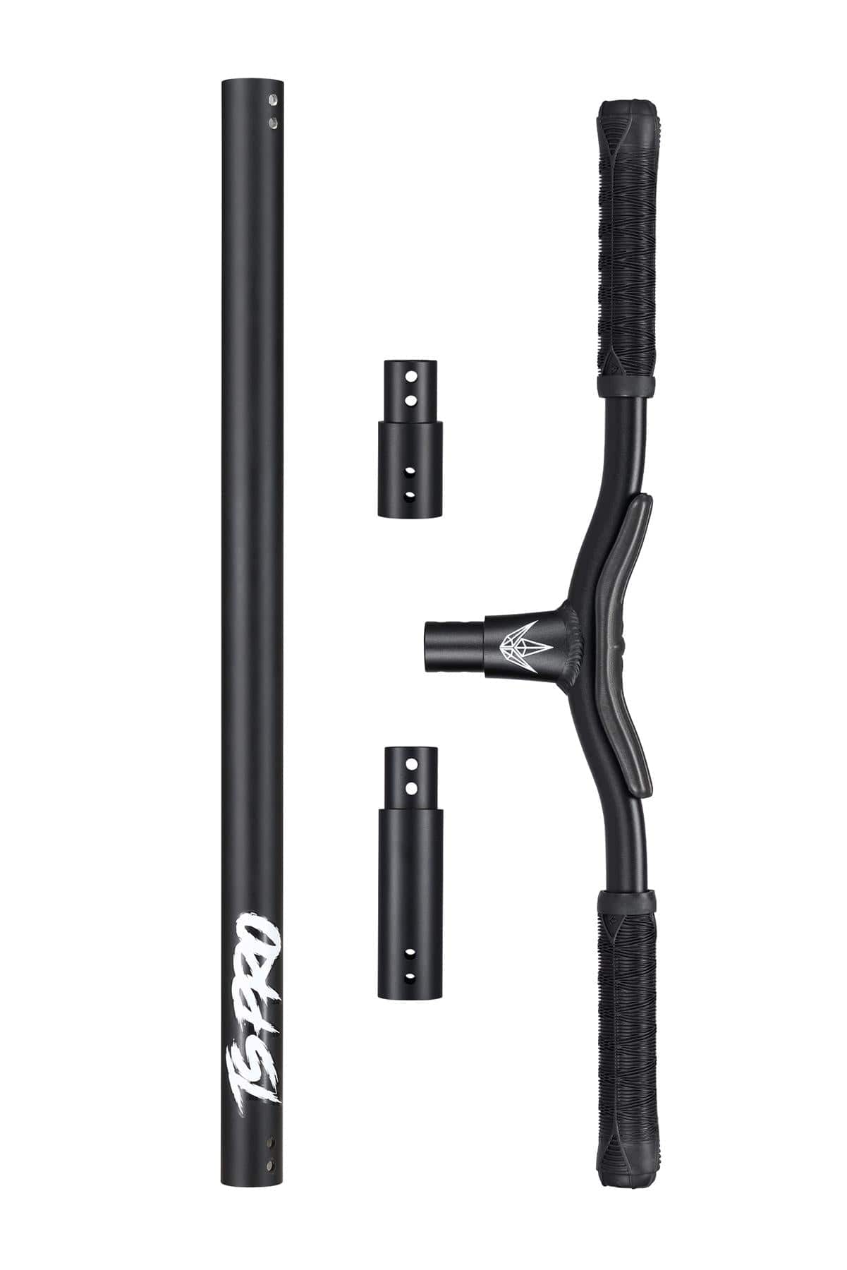 The disassembled Blunt Envy TS Pro 7.5 Indoor Trampoline Stunt Scooter handlebar set showcases a sleek black finish, featuring a vertical tube, a curved horizontal bar with grips, and two small connecting pieces. The vertical tube is adorned with the white logo and text of this customizable scooter bar from Blunt Envy.