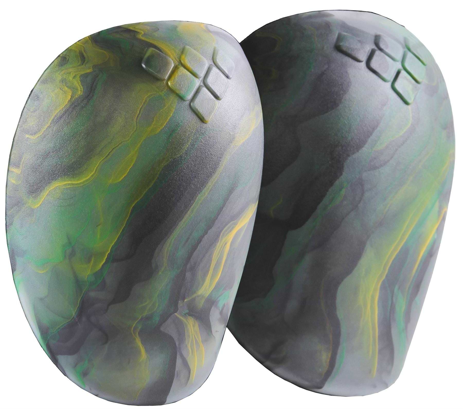The GAIN Protection Shield & MVP Replacement Skate Knee Caps in Gold/Green Aussie Swirl feature a marbled, oval design with embossed square patterns—perfect for customizing or replacing your GAIN knee pads.