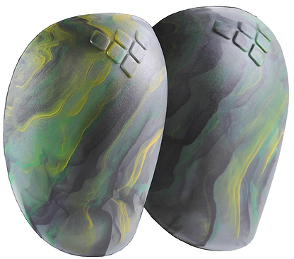 The GAIN Protection Shield & MVP Replacement Skate Knee Caps in Gold/Green Aussie Swirl feature a marbled, oval design with embossed square patterns—perfect for customizing or replacing your GAIN knee pads.