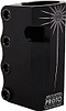 Introducing the Proto Sentinel 4 Bolt Standard SCS Stunt Scooter Clamp in black. This high-quality scooter clamp by Proto features a unique sunburst design on one side and four bolt holes on the other, providing excellent handlebar support and a solid grip. The text "Made in California" is prominently displayed near the bottom, highlighting its exceptional craftsmanship with Standard Compression System technology.