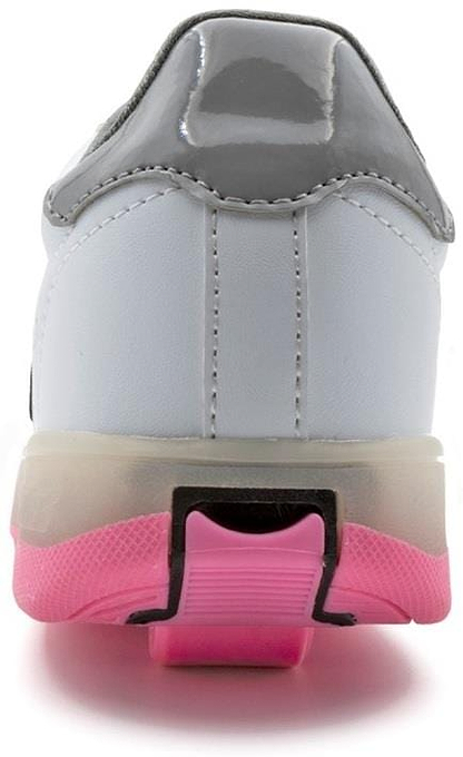 A close-up rear view of the Breezy Rollers Blast Shoes - Pink by Breezy Rollers highlights the shiny gray heel, pink sole, and patented retractable wheel system under the heel.