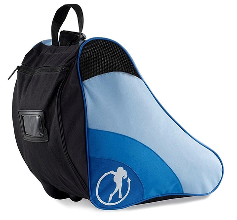 The SFR Ice & Skate Bag II - Blue by SFR features a blue and black design with a zipper pocket, carrying handle, and water-resistant build. It also sports a white skier logo on the side, making it perfect for use as both a ski boot bag and skate bag.