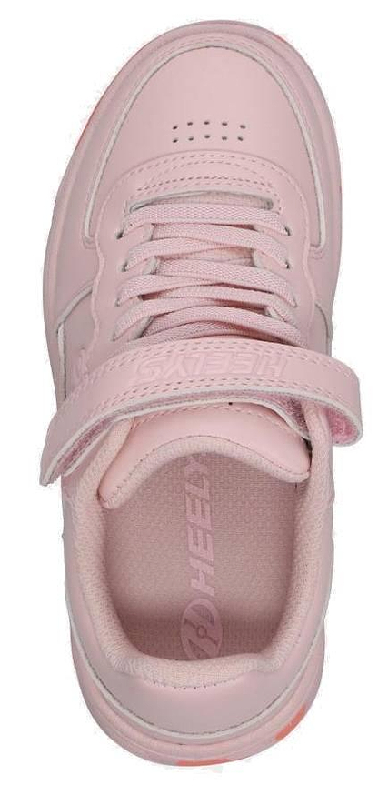 A top view of the Heelys Rezerve X2 Girls Shoes in Light Pink / Pink Confetti, featuring laces, a hook-and-loop strap, and “HEEL” on the insole—perfect for beginner skaters and girls' shoe collections.
