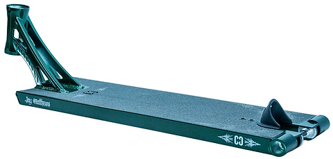 The CORE ST3 Forged Green J.Matthews Signature Street Stunt Scooter Deck (6.5" x 22.5") features a textured grip surface, angled headtube, signature cutout front design, and white CORE logos and graphics on the side.