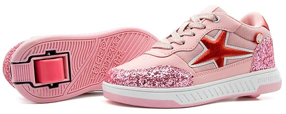 The Breezy Rollers Star Shoes - Pink by Breezy Rollers feature pink glitter on the toe and heel, a metallic red star on the side, and a patented wheel system in the sole for easy walking or rolling.