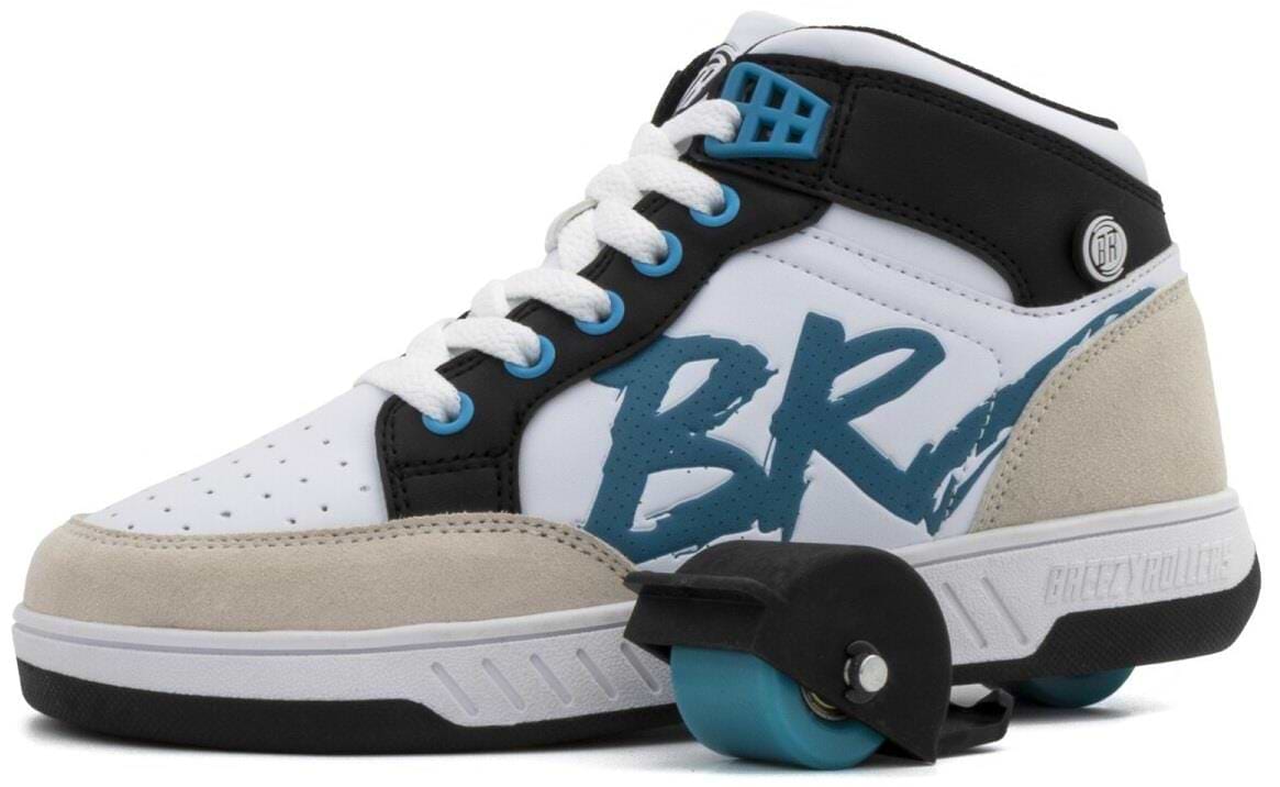 The Breezy Rollers Skater Shoes - White / Light Blue by Breezy Rollers feature a white, black, and beige design with teal accents and "BR" lettering, plus a retractable heel wheel for classic style combined with roller functionality.
