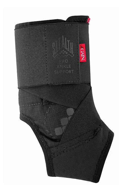 The GAIN Protection Stealth Pro Adult Ankle Support - Black features overlapping straps, visible stitching, and branding labels for stability, comfort, and impact protection during physical activities.
