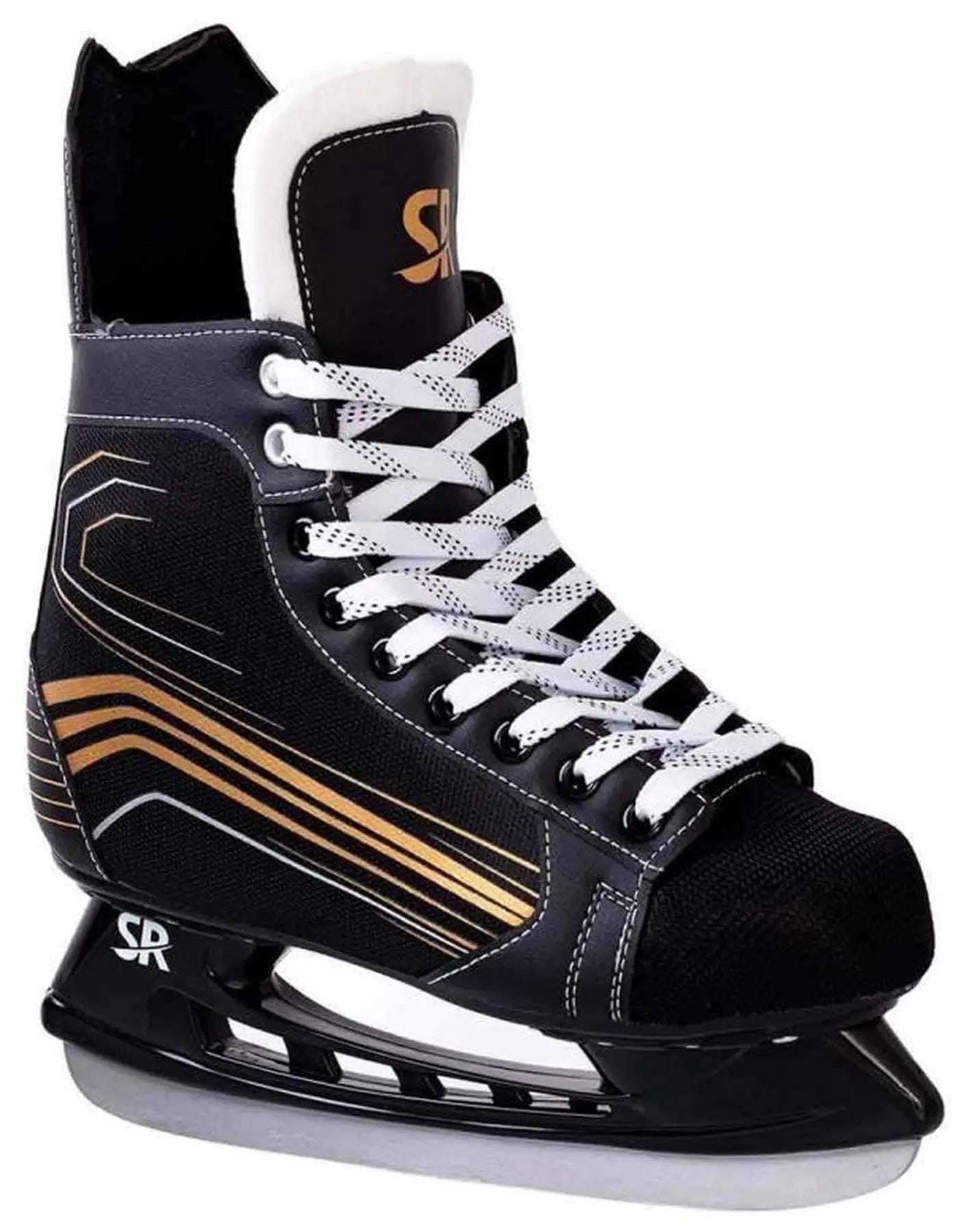 The Supreme Ice Hockey Skates in black with gold accents and white laces, featuring a silver blade, are perfect for beginners seeking comfortable hockey skates. Shown from the side on a white background.