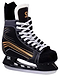 The Supreme Ice Hockey Skates in black with gold accents and white laces, featuring a silver blade, are perfect for beginners seeking comfortable hockey skates. Shown from the side on a white background.
