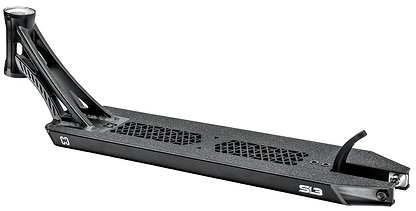 The CORE SL3 Forged Black Stunt Scooter Deck (5.25" x 19.3"/20.5") by CORE features textured grip tape, hexagonal center cutouts, an angular headtube, and "CO" and "SL3" graphics on the side for a sleek park look.