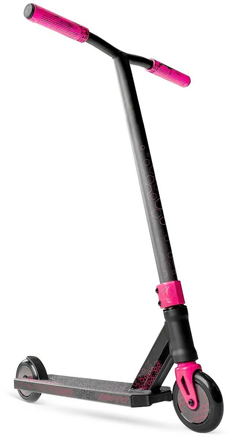 The Madd Gear Viral Rave Complete Stunt Scooter - Melon by MGP features a black frame with pink accents and handle grips. The kids stunt scooter is shown angled on a white background.