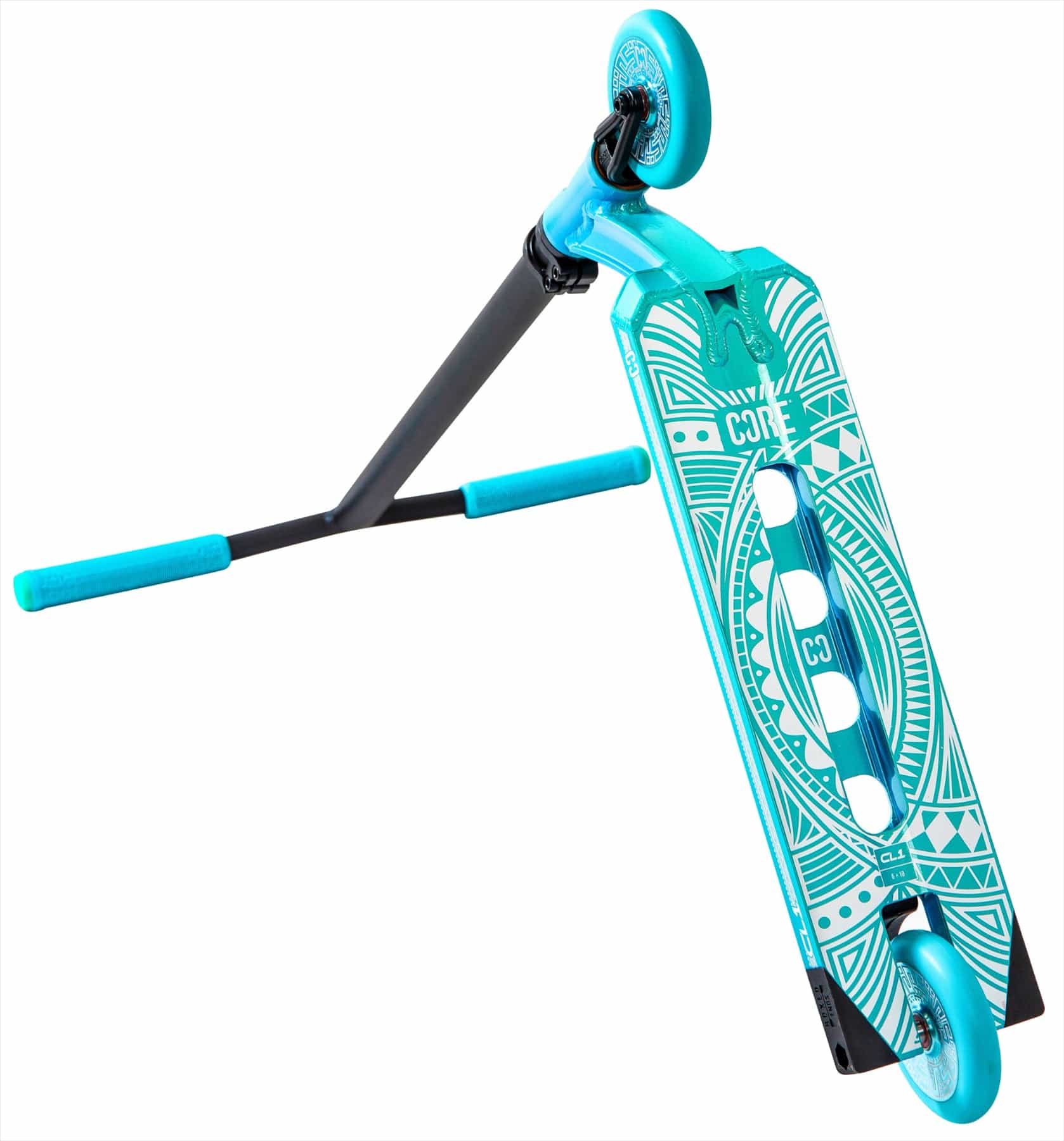 The CORE CL1 Complete Stunt Scooter - Turtlesent by CORE features teal and black colors with geometric deck patterns, shown from a low angle with its handlebars turned and one wheel raised.