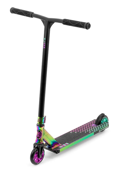 The Slamm Assault Complete Stunt Scooter - Neochrome by Slamm features a vibrant neochrome design with a black T-bar handle and an alloy deck in striking purple, green, and blue shades. The 110mm aluminium wheels complement the color scheme, and the patterned grip tape on the deck enhances its overall style.