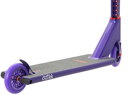 Close-up of the Aztek Architect 2 Complete Stunt Scooter in Viola Purple, featuring the deck with a textured black grip, visible rear wheel, handlebar stem, and the "Aztek" brand name printed on the side of this durable stunt scooter.
