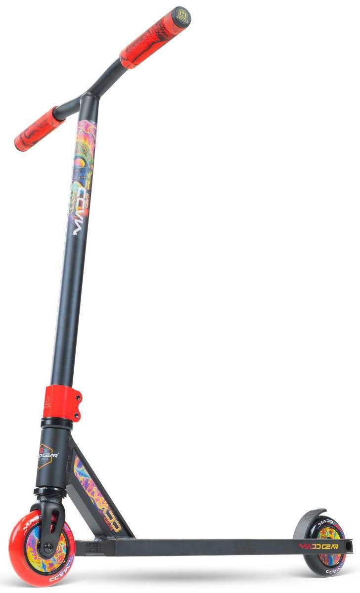 The Madd Gear (MGP) MG 2 Obsidian Complete Stunt Scooter - Frenzy is shown from a side angle, featuring a black and red frame with colorful graphics on the wheels, deck, and handlebars against a white background.
