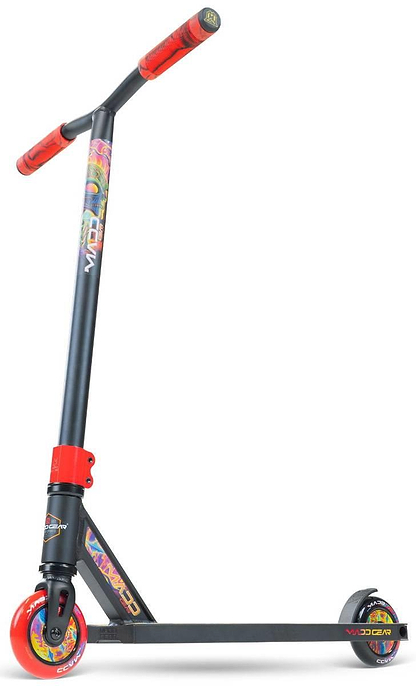 The Madd Gear (MGP) MG 2 Obsidian Complete Stunt Scooter - Frenzy is shown from a side angle, featuring a black and red frame with colorful graphics on the wheels, deck, and handlebars against a white background.