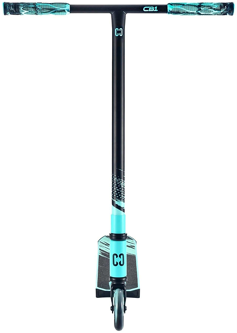 The CORE CB1 Beginner Complete Stunt Scooter in teal and black features a T-shaped handlebar, single front wheel, and bold CORE branding—an ideal choice for beginners.