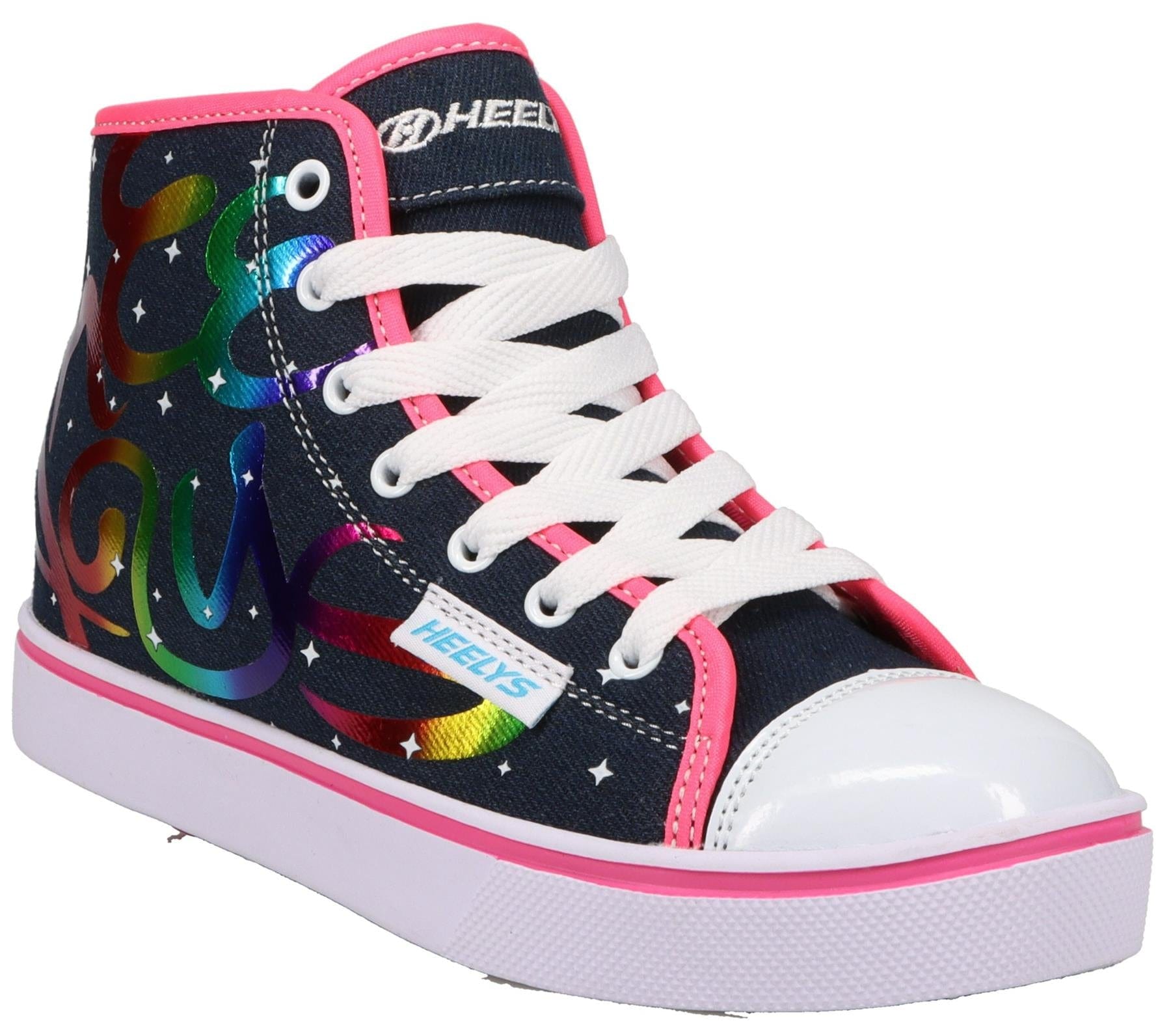 The Heelys Veloz Girls Shoes - Denim / Rainbow feature a dark blue Hi Top denim style with white laces, thick white sole, pink trim, rainbow graffiti, small white stars, low-profile wheels, and brand logos on the tongue and side.