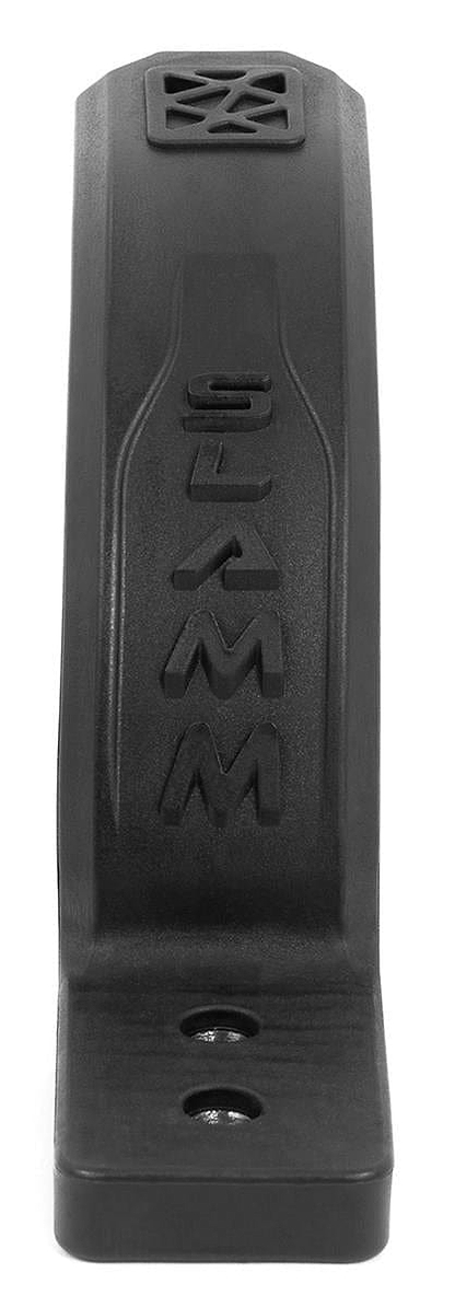 The Slamm Nylon Stunt Scooter Flex Fender in black is crafted from reinforced nylon, featuring a textured surface with "SLAMM" embossed on it. Two base holes ensure easy mounting, and this accessory also functions as a stunt scooter brake.