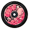 A close-up of the Chubby Baby Alien Gummy 110mm Hollowcore Stunt Scooter Wheel in Glitter Black / Pink showcases a pink and black design with a cartoonish creature that has sharp teeth, similar to a chubby baby alien, set against tangled web-like patterns.