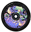 A vibrant, psychedelic design on the Chubby Baby Alien Purple 110mm Hollowcore Stunt Scooter Wheel showcases a melting green and purple creature with exaggerated features gripping the rim. The word "CHUBBY" prominently appears in purple letters at the bottom, reminiscent of these distinctive wheels.