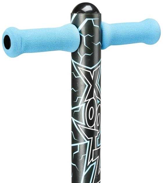 Close-up of the Xootz Volt Pogo Stick by Xootz, featuring blue foam grips and a black shaft with geometric designs—an exciting outdoor toy for kids that helps build balance and coordination.