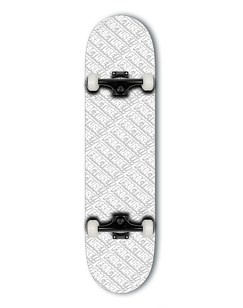 The Fracture All Over Comic White Complete Skateboard (8.25" x 31.75") by Fracture features a white Canadian maple deck covered in bold "FRAGILE" text, silver trucks, and white wheels.