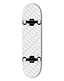 The Fracture All Over Comic White Complete Skateboard (8.25" x 31.75") by Fracture features a white Canadian maple deck covered in bold "FRAGILE" text, silver trucks, and white wheels.