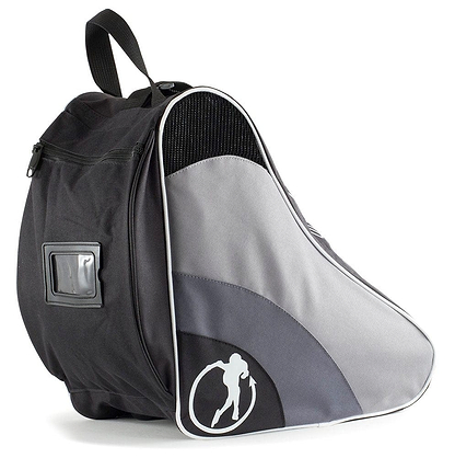 The SFR Ice & Skate Bag II by SFR, in black and gray, is a water-resistant backpack specifically designed for carrying skates. It features a white abstract skater logo on the side, boasts a curved shape, and includes a small clear pocket on the upper part—ideal for ice or roller skates.