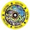 The Chubby 110mm Hollowcore Stunt Scooter Wheel - Banana Simulator showcases a vibrant and artistic design, featuring cartoon imagery such as a banana peel and a pizza slice, with the playful phrase "CHUBBY BANANA SIMULATOR" repeated around its yellow edge.