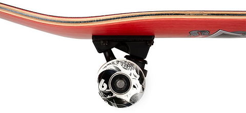 Close-up side view of the Birdhouse Stage 3 Hawk Skull 2 Complete Skateboard (8.25" x 31.5") by Birdhouse, featuring a red Canadian Maple deck, black truck, and white wheel with black graphic designs.