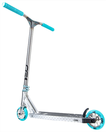 The CORE CG1 Complete Stunt Scooter by CORE features a raw and teal colorway with a textured deck for grip, turquoise accents, and a lightweight, minimalist design—perfect for beginners. Shown here against a white background.