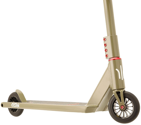 Close-up of the Aztek Architect 2 Complete Stunt Scooter in Zircon Sand, featuring its deck, rear wheel, and stem with red bolts and white minimalist graphics—ideal for entry-level street riders.