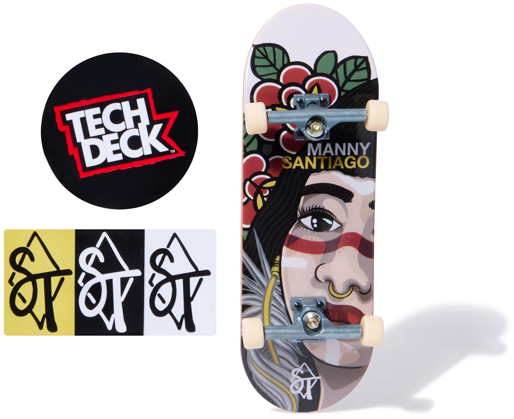 The Tech Deck 96mm M54 Fingerboard - Sandlot Times features an illustrated woman’s face with flowers and face paint, plus a round Tech Deck logo sticker and three rectangular skateboard logo stickers in yellow, white, and black.