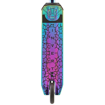The Invert Supreme 2.5-8-13 Complete Stunt Scooter in Neochrome/Black features a vibrant, cracked mosaic-style deck with "INVERT" down the center, visible back wheel—a stylish choice from Invert for intermediate riders.