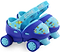 A pair of vibrant CORE Kids Stomp & Roll Adjustable Learner Skates - Blue features blue wheels and adjustable straps. The boot area is embellished with multicolored designs and proudly displays the "CORE" logo. These skates, positioned side by side, are ideal for fun and learning in all Three Learner Modes.