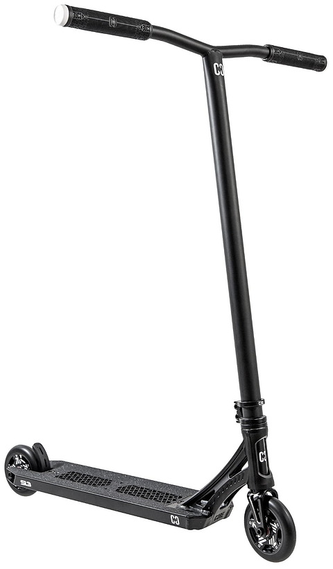 The CORE SL3 Complete Stunt Scooter by CORE features a black finish, T-shaped handlebar, small black wheels, and a textured deck. Lightweight and sleek, it's ideal for tricks and urban skatepark riding.