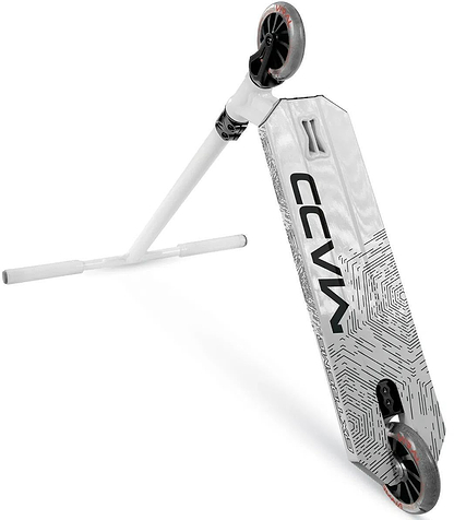 Tilted view of the Madd Gear Viral Extreme Complete Stunt Scooter in Bright White.