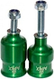 Two green metal objects with threaded rods and nuts on top are positioned side by side. Both have a shiny finish and appear to be mechanical components, possibly mounts or connectors for rail control, with the brand name "Apex" printed on them. These are likely the Apex Coopegs Stunt Scooter Pegs in Green.